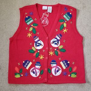 Vintage Bobbie Brooks Embroidered Christmas Ugly Sweater Vest Red Snowmen XL